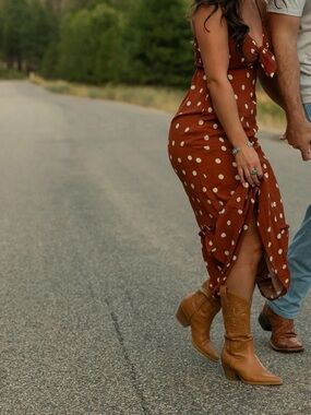 Western Rust Polka Dot Midi Dress with Tie Front